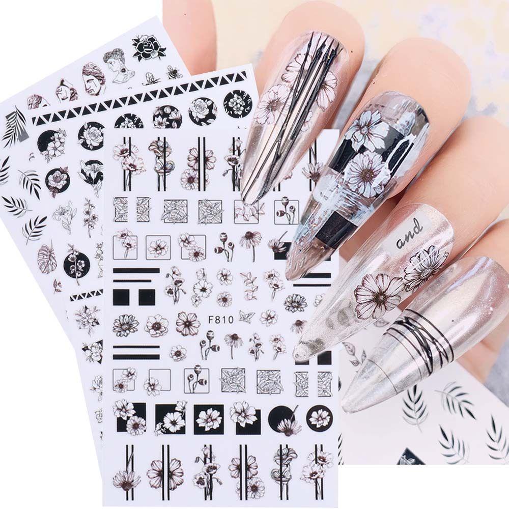 AUGUSTINA Agustin 3D Stiker Kuku Musim Gugur Musim Dingin Cat Air Geometri Daun Bunga Karakter Wajah DIY Nail Art