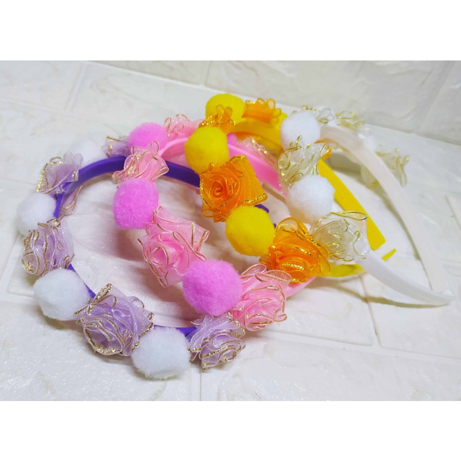 Bando Mawar Pom Pom - Aksesoris Rambut, Bando Cantik Lucu dan Imut