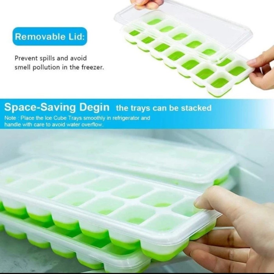 Cetakan Es Batu 14 Kotak Ice Cube Tray silikon Puding Coklat Tutup Set - Hijau