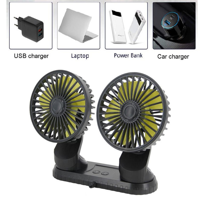 SM-Portable Car Fan/Kipas Angin Mobil 5 volt 360 Derajat Double Head USB Dengan 3 Kecepatan