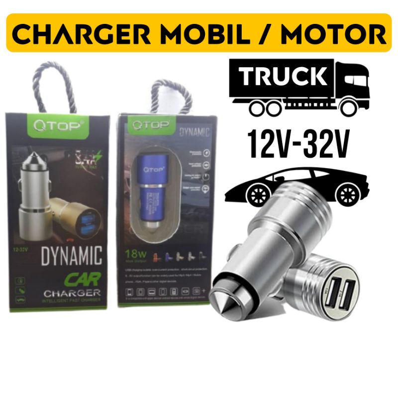 PERSIAPAN MUDIK !! QTOP CHARGER MOBIL motor TRUK [ 2 USB ] 3A 3.4A volt 12-24 32V 18W casan pengisian cepat