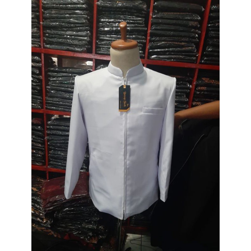 Jasket Putih polos kerah Koko seragaman bisa pakai logo bahan wool Novus halus tebal