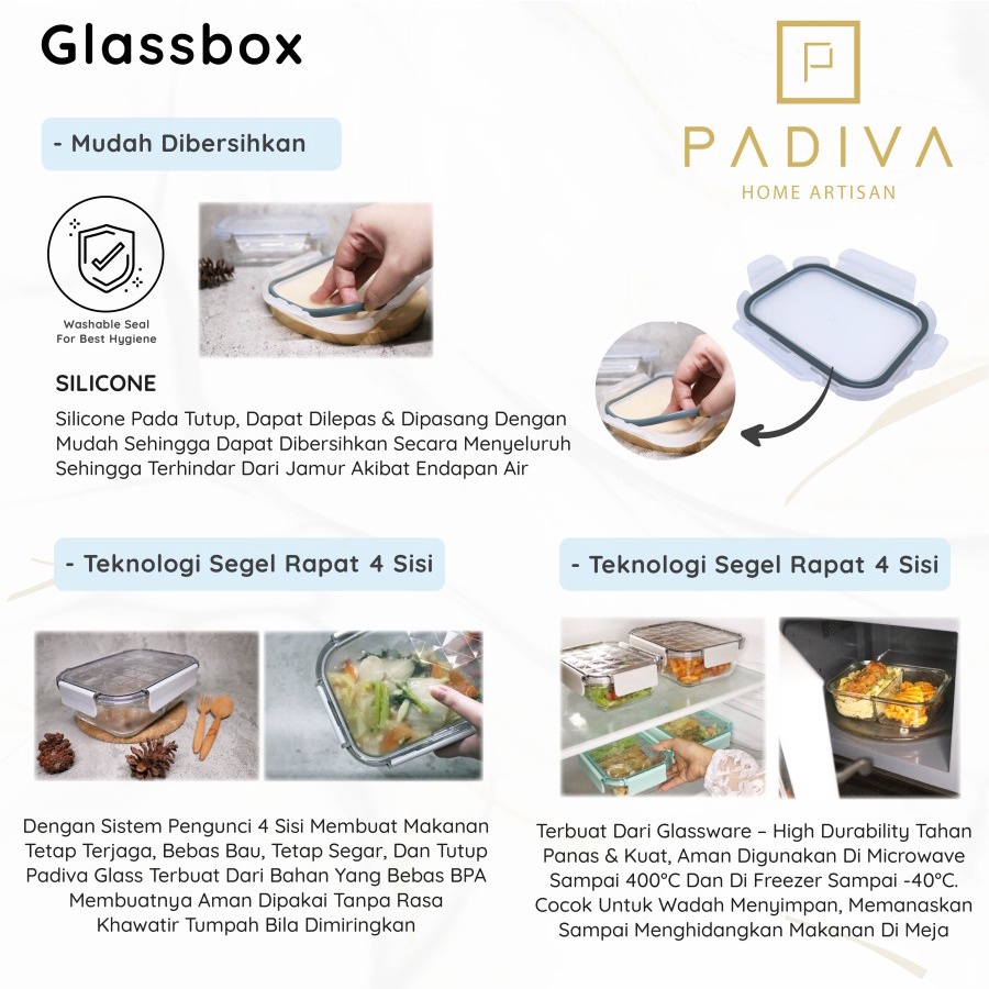 Padiva 1040ml Silver Gray Mix 2+3compartments Crystal Glassbox - Kotak kaca tahan panas microwave tempat bekel glass box