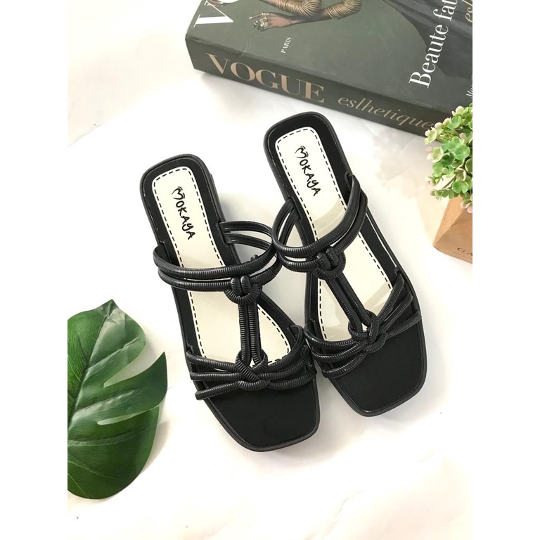 Sandal Slop Kerut Tali Let Import Best Seller Mokaya 528-1-Hitam
