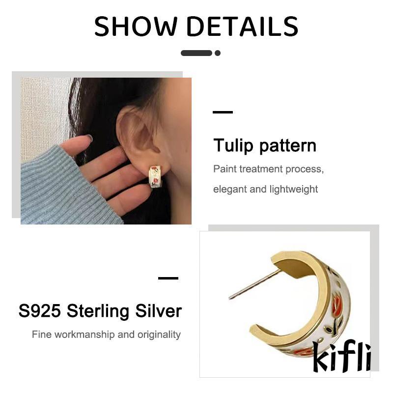 Anting Stud S925 Sterling Silver Bentuk C Lingkaran Tulip Gaya Retro Hongkong Untuk Musim Semi