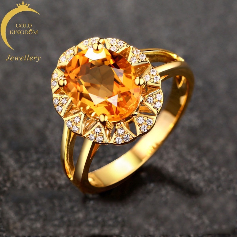 Set Cincin Emas Emas Asli Kadar 375Hias Berlian Oval Citrine Dapat Disesuaikan Untuk Pertunangan