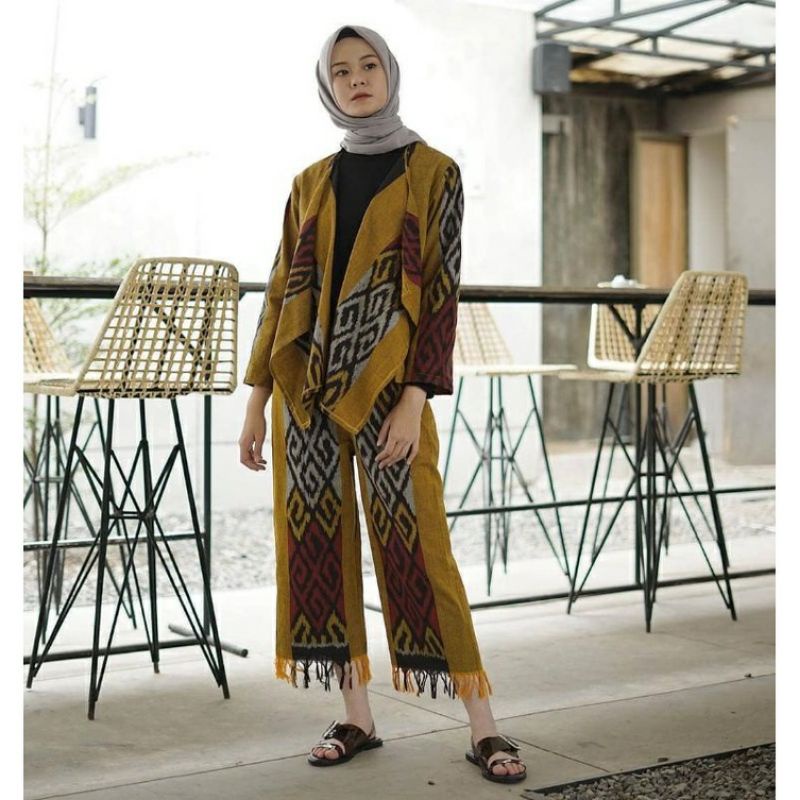 setelan baju wanita blazer kulot batik tenun yellow original