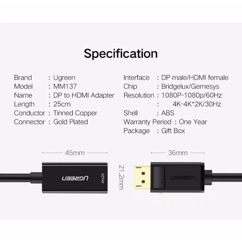 Ugreen Kabel Display Port to HDMI 4K / 60HZ / 30HZ- Ugreen Adapter DP to HDMI Female