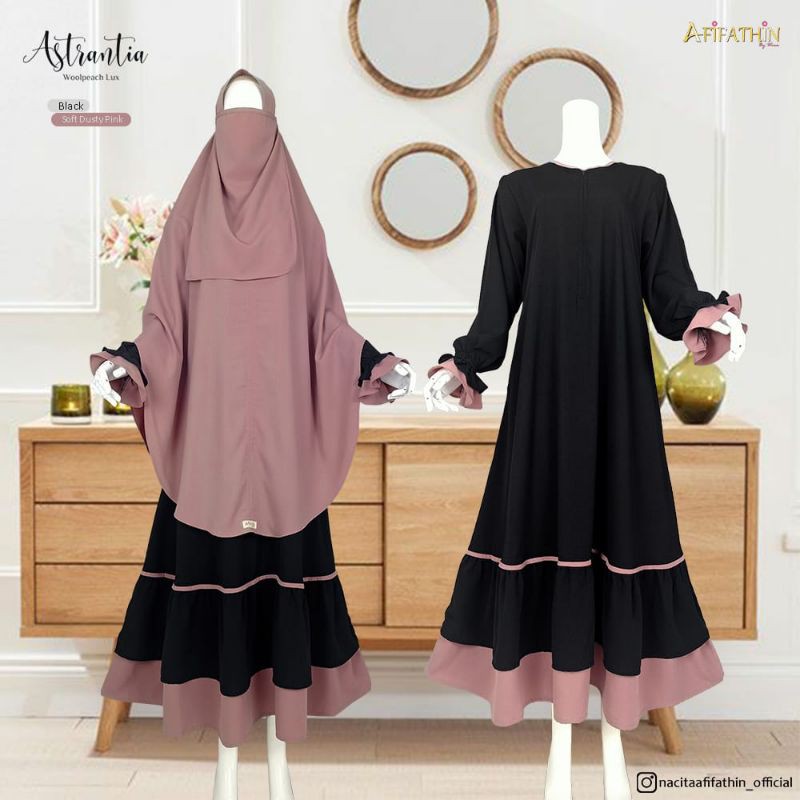 Astrantia (Set dan Gamis Only) bahan woolpeach Lux ori by Afifatin, gamis set syari premium mewah