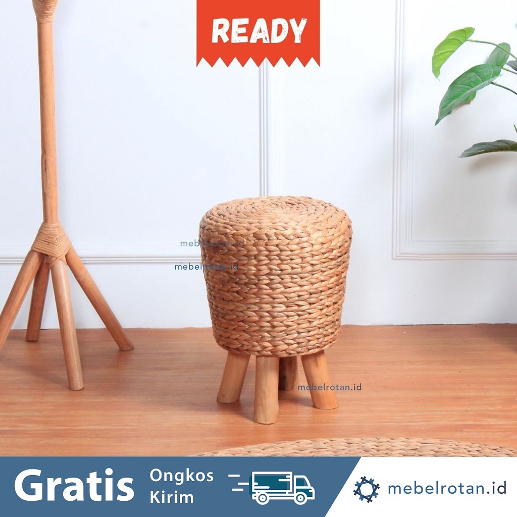 STOOL KAYU ANYAMAN ENCENG GONDOK BULAT | DINGKLIK KAYU