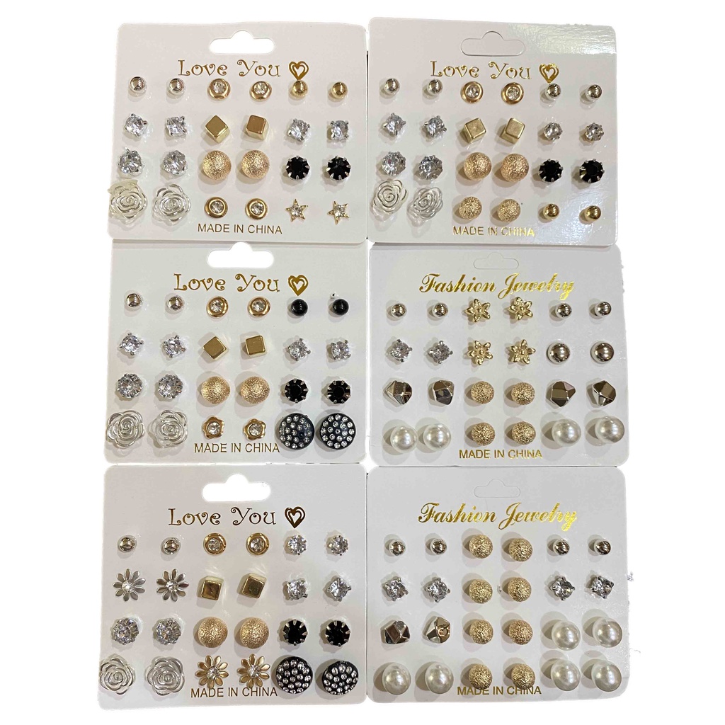 ⭐COD 12 Pasang Anting Set Tusuk Model Mutiara Intan Bentuk Bulat Gaya Korea Untuk Wanita Dalika-RANDOM / ACAK