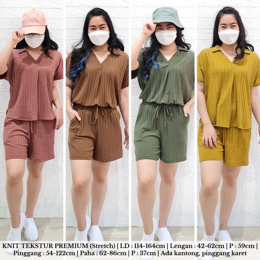 4282 swish knit short one set rib stelan rajut premium stelan kerah