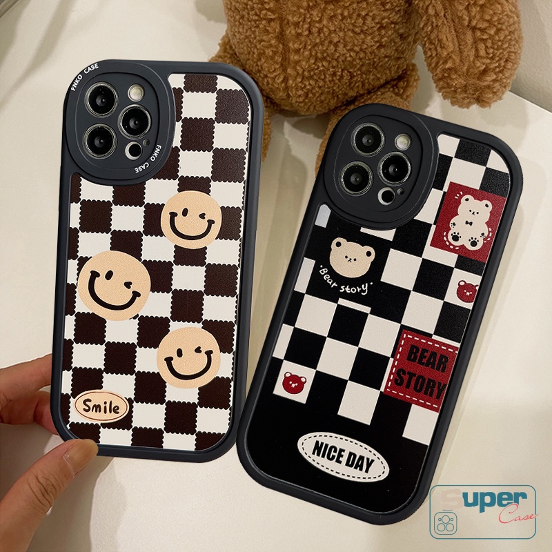 IPHONE Casing Hitam Mewah Kompatibel Untuk Iphone6 6s 78 Plus 11 13 12 14 Pro MAX XR X XS MAX SE 2020kartun Beruang Kotak-Kotak Motif Kotak-Kotak Lucu Smiley Case Anti Jatuh Lembut TPU Cover