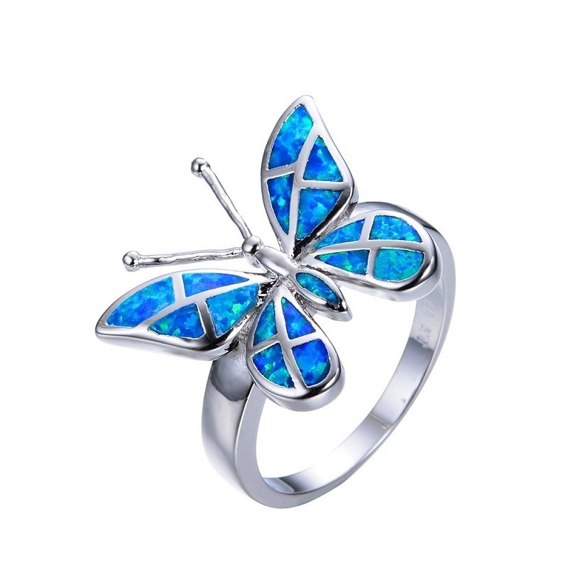 Opal blue butterfly shape ring wedding ring