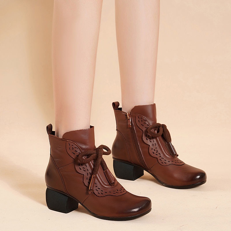 Nyaman Klasik Korea Kulit Asli Sepatu Boots Tali Wanita Tinggi Casual Import Formal Lembut Cewek Cantik Kekinian 176