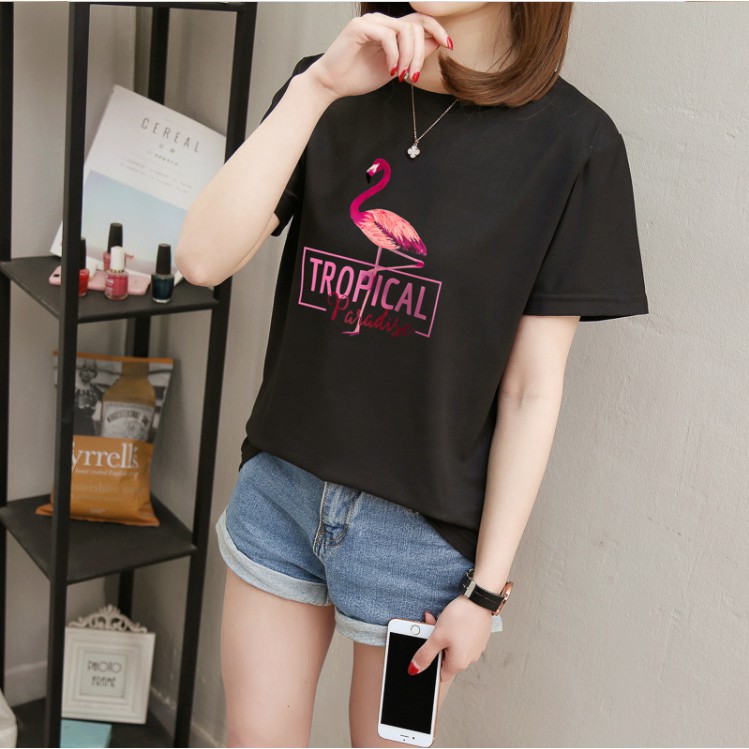 T-Shirt Wanita Korea Style Kaos Santai Fashion Kaos Ulzzang Gambar Flaminggo Tulisan Tropical