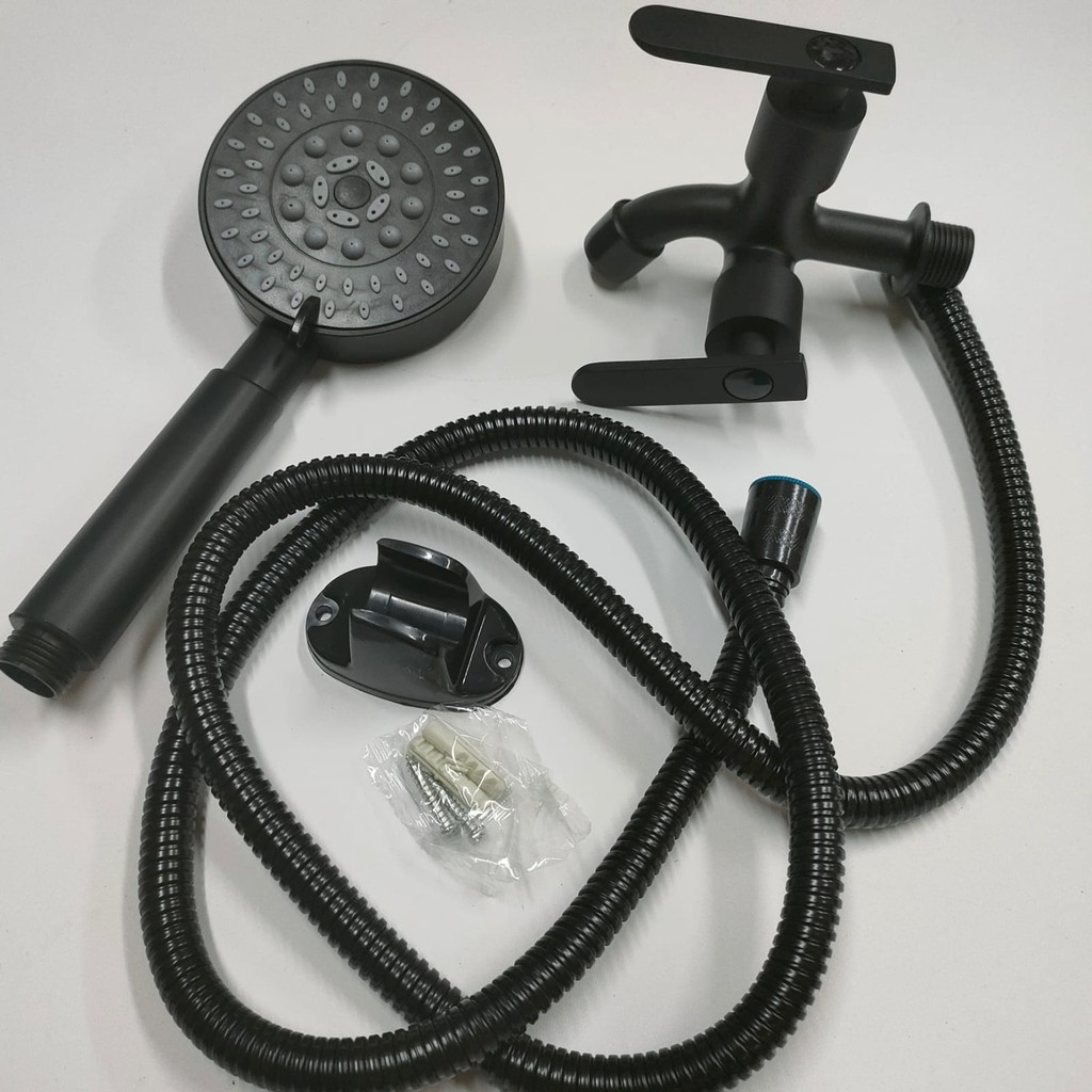 Paket Set Handshower 5in1 19004/H14 Plus Kran Cabang FKC54/Y30 Black Hemat - Paket Full Black MURAH