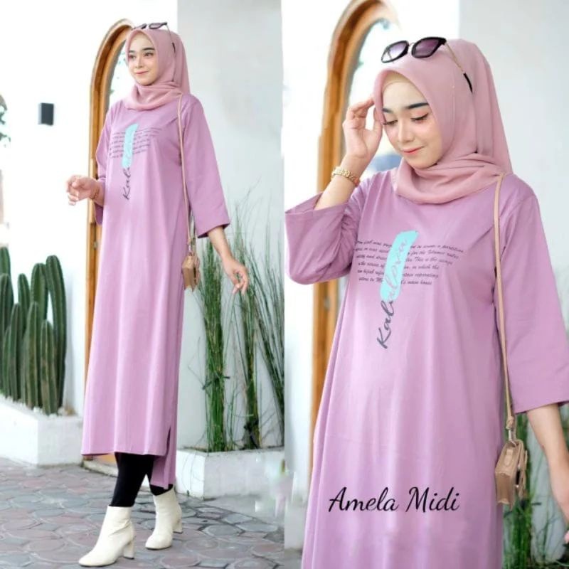 AMELA MIDI DRESS BAHAN KAOS KATUN COMBED 24s APLIKASI SABLON UKURAN LD 110 CM MIDI DRESS KOREAN STYLE MUSLIM DRESS WANITA TERBARU 2023 KEKINIAN FASHION MUSLIM WANITA