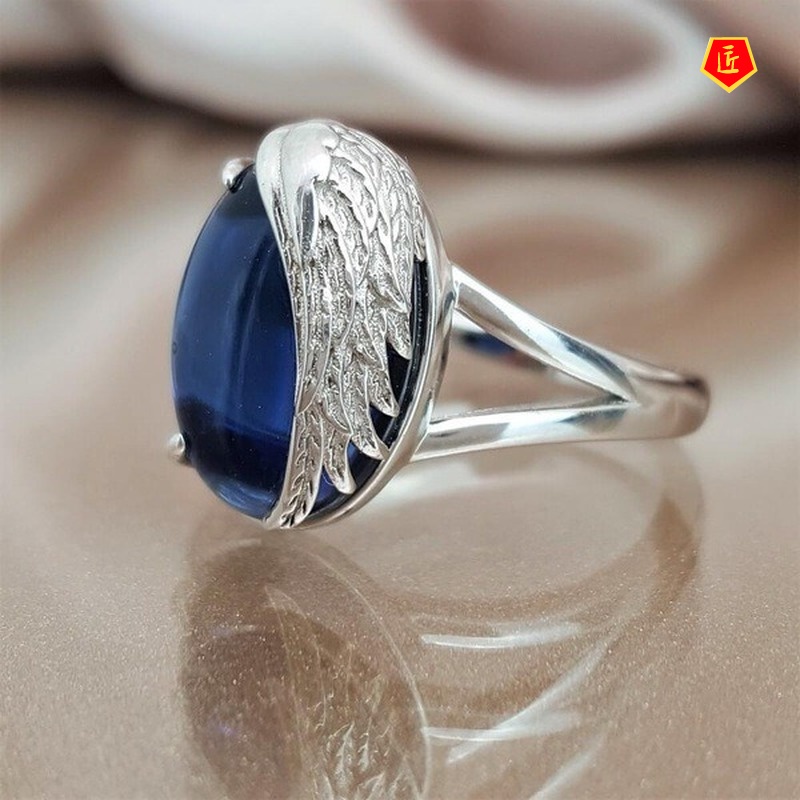 [Ready Stock]Angel Wings Inlaid Sapphire Ring Fashion Creative