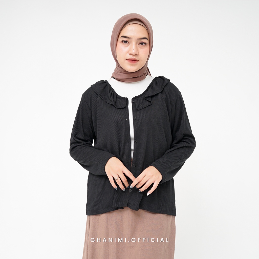 Ghanimi - Syira Cardigan / Outer Rajut Polos kerah ruffle / outer rib knit tebal kekinian / outer korean style / cardigan aesthetic