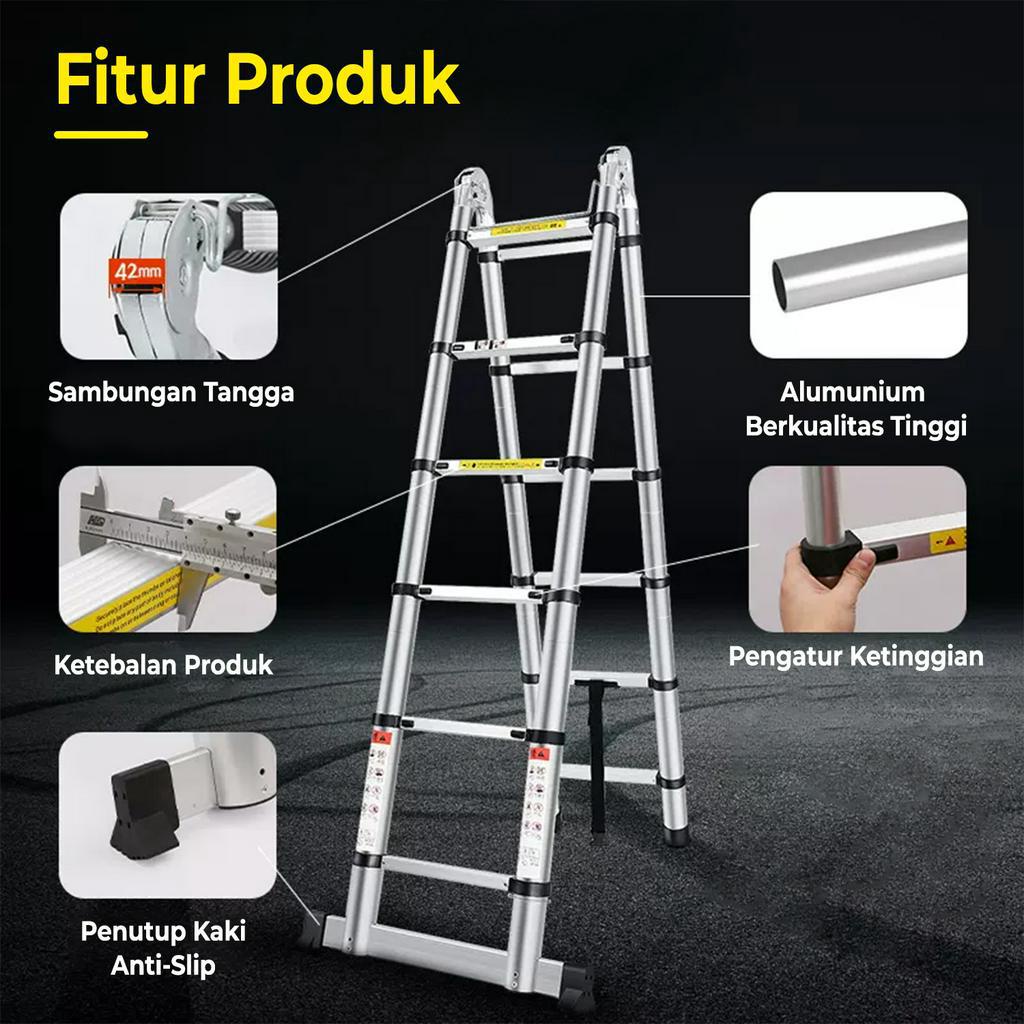 Tangga Lipat Aluminium Teleskopik 3.8M (1,9M+1,9M)  Single Telescopic Ladder 3.8 M - V5A1 Megahomedecor Tangga Lipat Multifungsi