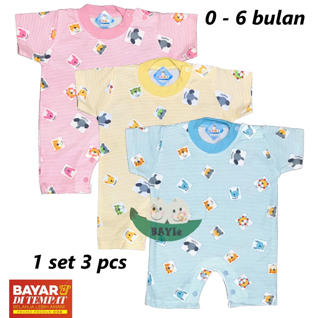 BAYIe - 3 PCS  Baju Bayi Hansop/Jumper/Romper lengan Pendek Warna RYN'S usia 0 - 6 bulan 100% katun