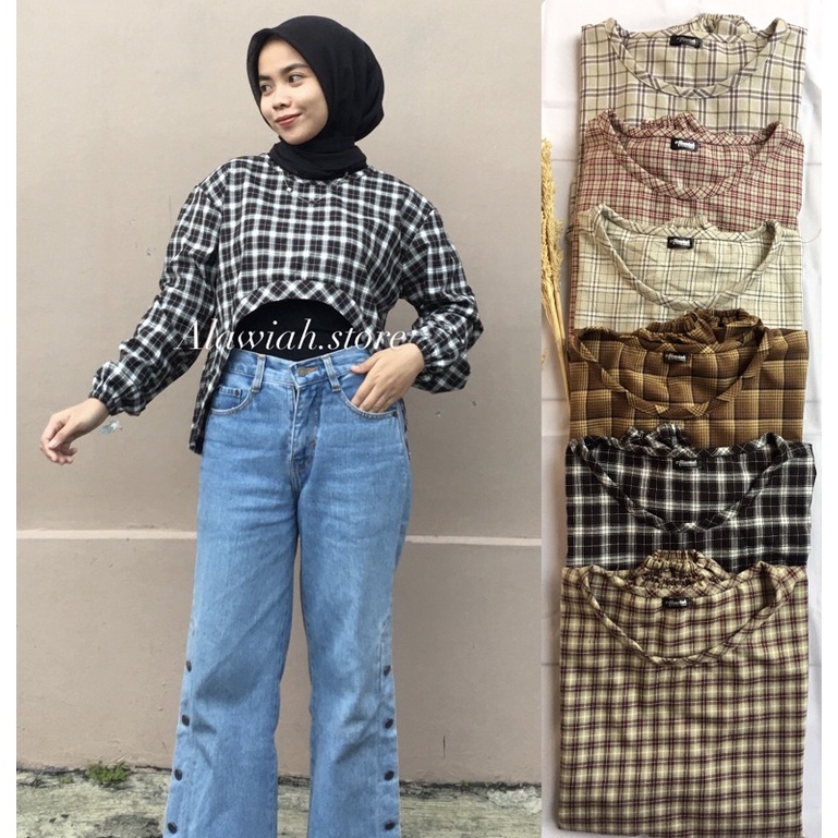 LILY CROP TOP/KOREAN BLOUSE/STOCK BECHARA TOP CROP KOREAN TARTAN OVERSIZE/ KEYLANDA CROP TOP TARTAN 