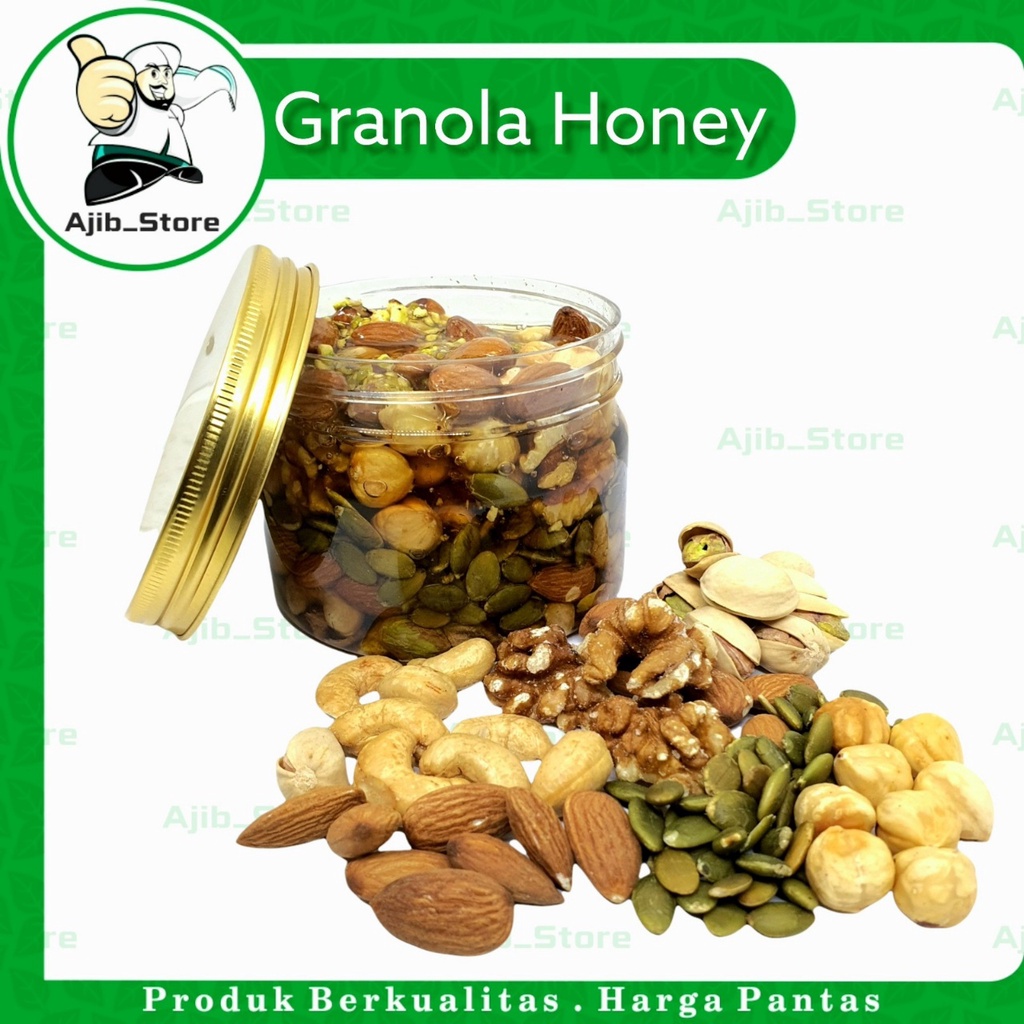 

GRANOLA HONEY BUSRA 450gr (Madu Murni Arab Mixed Nuts Kacang Almond Hazelnut Walnut Pumpkin Seeds Pistachios Mede) Cashew Nuts Pistachio Pure Yaman Honey Marai Mara'i Sidr Sumrah 1/2 Kg