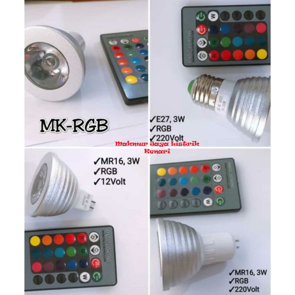 Lampu Led Mr16 E27 Halogen RGB 220v 3watt Remote Set / Halogen RGB