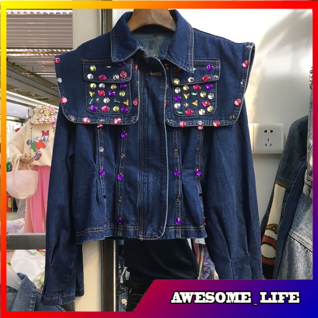 Jaket Denim Wanita Import Spring New Fashion Design Sense Heavy Industry Gem Rhinestone Sailor Colla