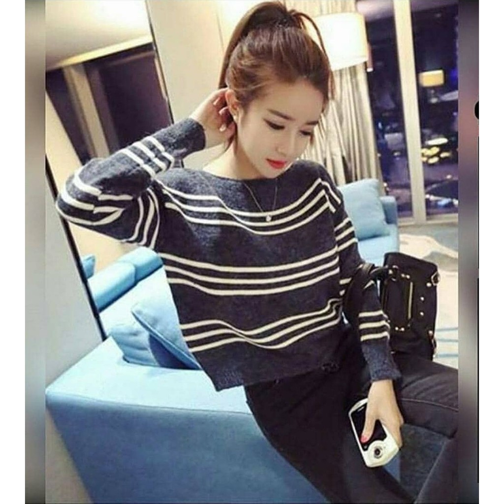 LV SWEATER TWO STRIPE RAJUT CV / Atasan Outwear Pakaian Wanita