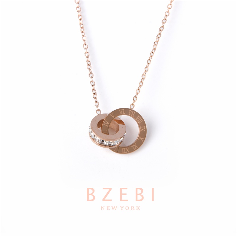 Bzebi Kalung Rantai Titanium Steel Rose Gold 18k Liontin Angka Romawi 961n Hias Berlian Untuk Wanita