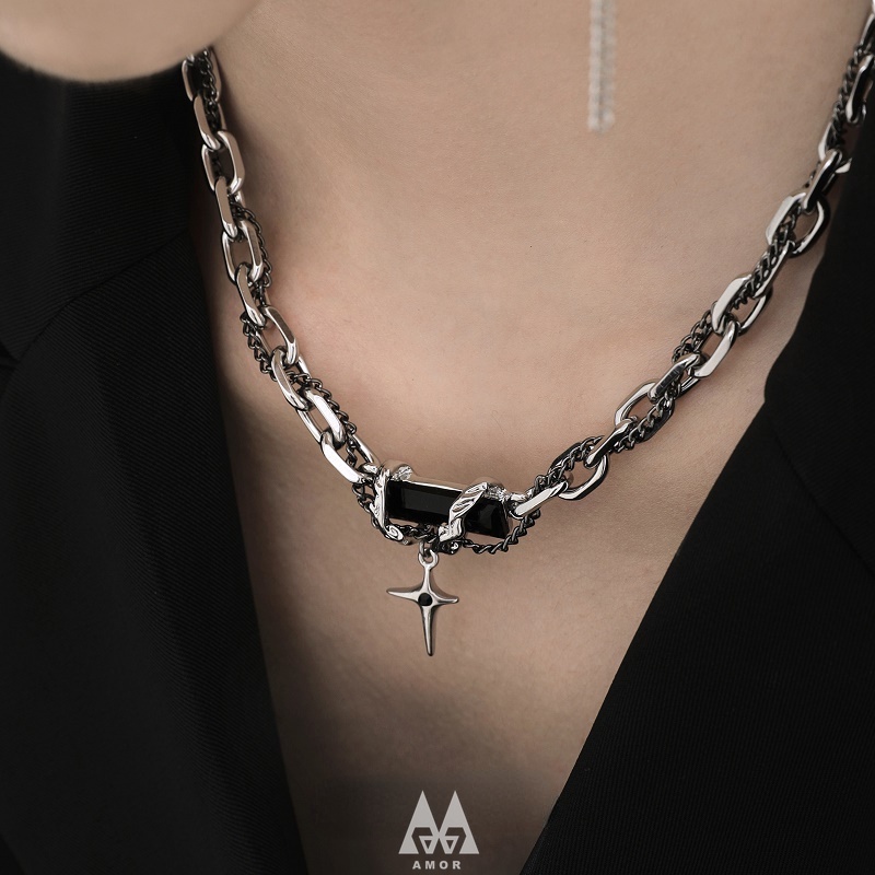 Kalung Rantai Klavikula multi layer Hias Permata Hitam Untuk unisex