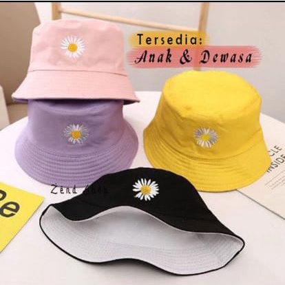 Topi Bucket Bolak Balik Dua Sisi Bordir Bunga Daisy Pria Wanita