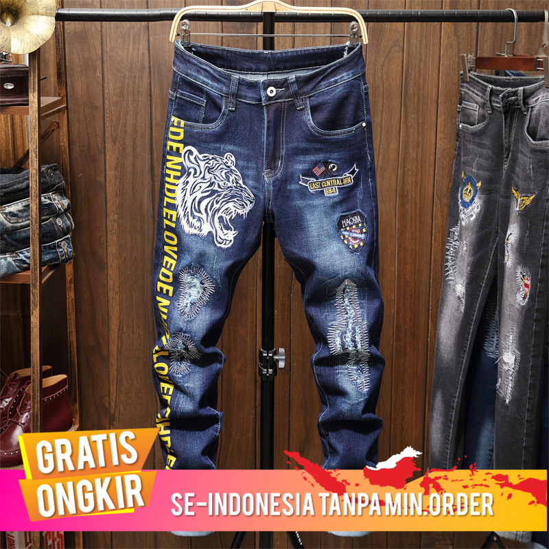 Celana Pria Kepala Harimau Bordir Pribadi Tren Celana Jeans Peregangan Biru