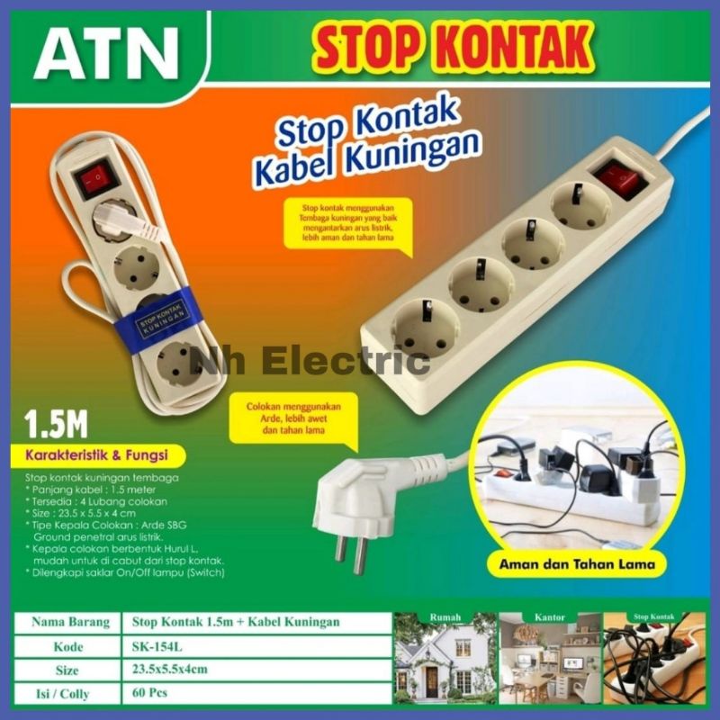 S/k 4L + Cabel Arde (1,5 Meter) Atn - Stop Kontak 4 Lubang Arde On/Off (1,5 Mtr) Atn - Stop Kontak 4L + Kabel Arde (1,5 M) Atn