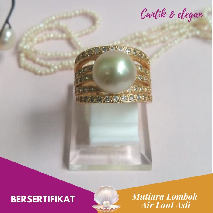 Perhiasan Cincin Wanita Mutiara Lombok Asli Air Laut Bersertifikat CML062