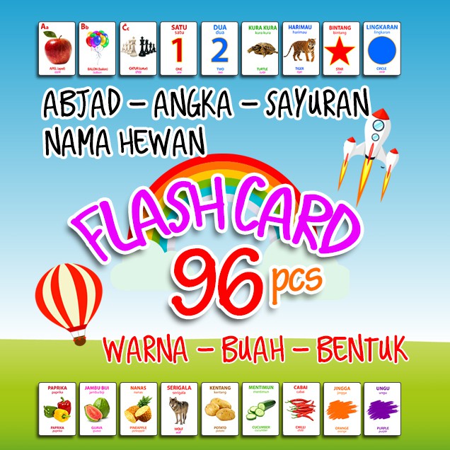 FlashCard 96 Kartu Edukasi - Huruf, Angka, Hewan, Warna Buah, Sayur 2 Bahasa Indonesia dan Inggris