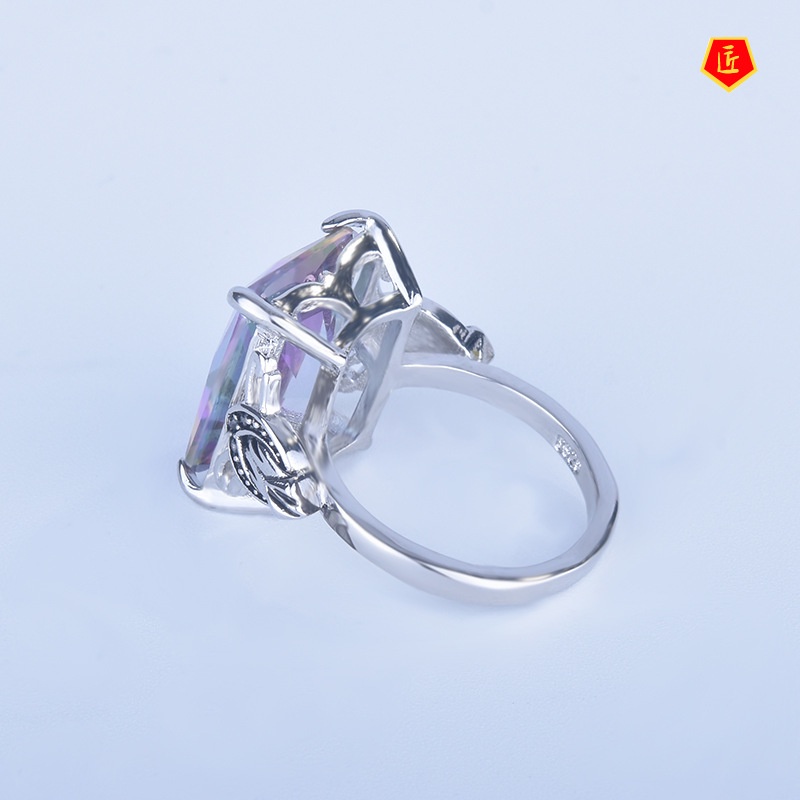 [Ready Stock]Rainbow Color Topaz Square Diamond Ring Female Creative Personality