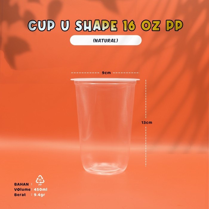 Gelas Cup Plastik 16 OZ Oval - Cup Bening Polos- U Shape - Bahan PP