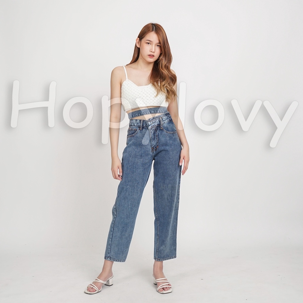 HOPYLOVY Celana Boyfriend Loose Jeans Wanita Pinggang Tali Double BF Highwaist Aneta