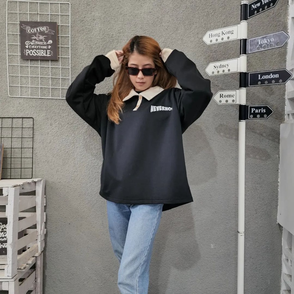 NEVER HOW COLAR 2XL Sweater Crewnewck Pria Wanita Oversize Kekinian Outerwear Bigsize Ala Korean Outfit Kasual Kekinian