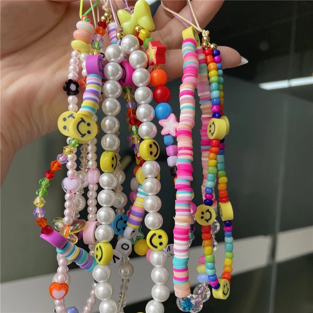 QUINTON Ins Trendy Mobile Phone Straps Colorful Soft Pottery Rope Cell Phone Lanyard Mobile Phone Chain Pearl Anti-Lost Acrylic Bead Smile Handmade Smiling Beads Chain