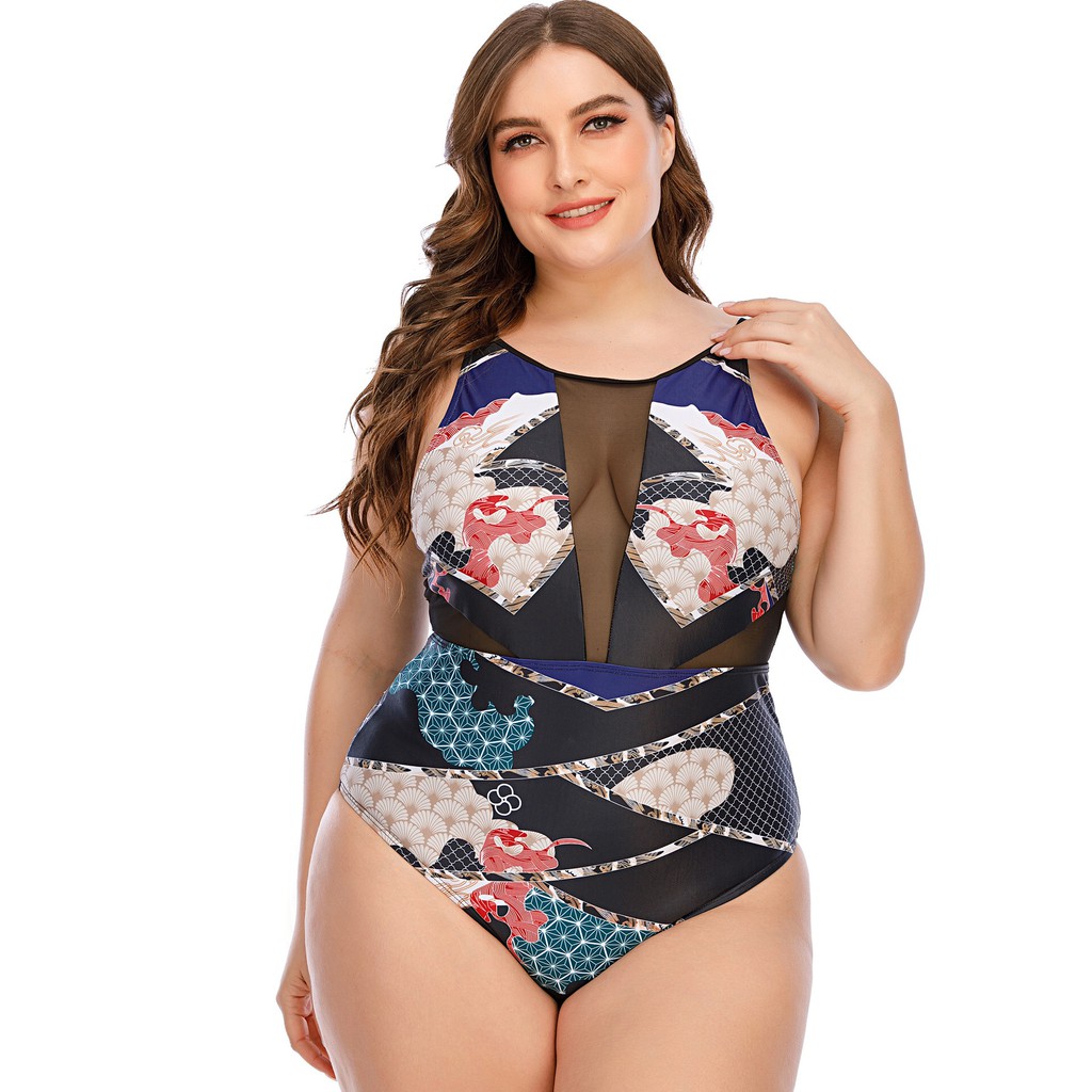 Baju Renang Wanita Jumbo Big Size One Piece Woman Swimsuit Monokini Full Print Hitam Black Mesh Sexy