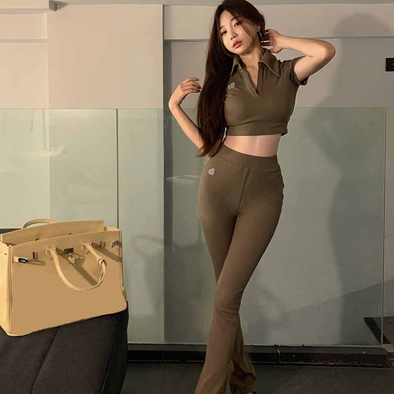 celana casual wanita celana straight-leg high waisted sedikit melebar celana panjang drape sport cas