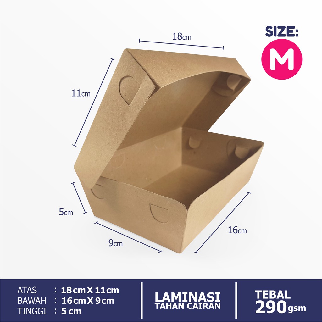 LUNCH BOX PAPER BOX MAKANAN KOTAK NASI UKURAN M KERTAS KRAFT COKLAT LAMINASI TEBAL 290gsm