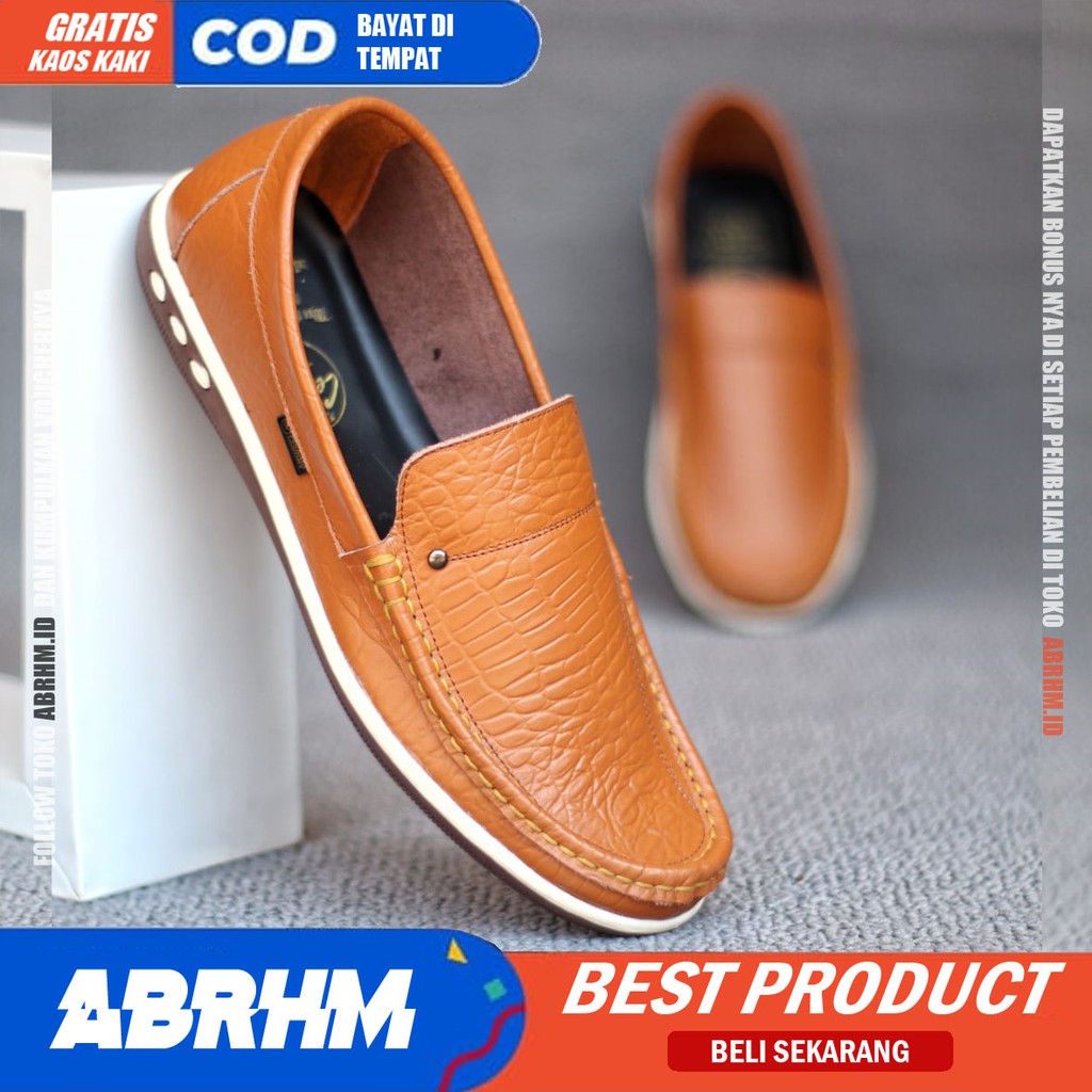 BRITANIC Sepatu Slip On Pria Kulit Asli Sepatu Pria Casual Pantofel Kulit Croco Sepatu Kasual Cowok / Cowo Kerja Kantor Kondangan Anti Slip Gaya Keren Kekinian