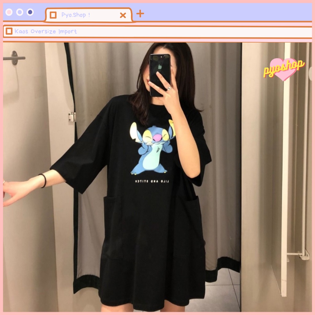 Oversize Dress Kaos Import Motif Lilo Stitch untuk wanita