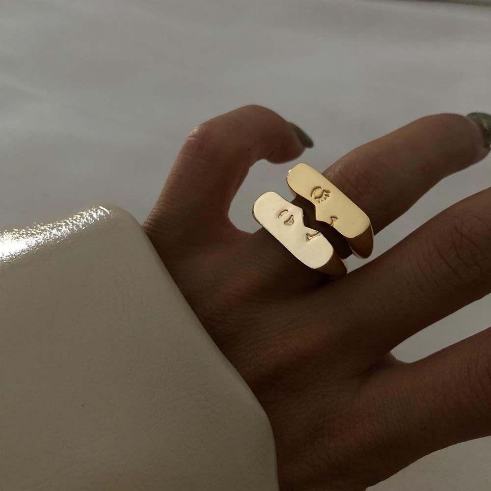 Mxbeauty Cincin Pasangan Perak Fashion Perhiasan Jari Aksesoris Pesta Adjustable Gaya Korea Emoticon Pasangan Ring