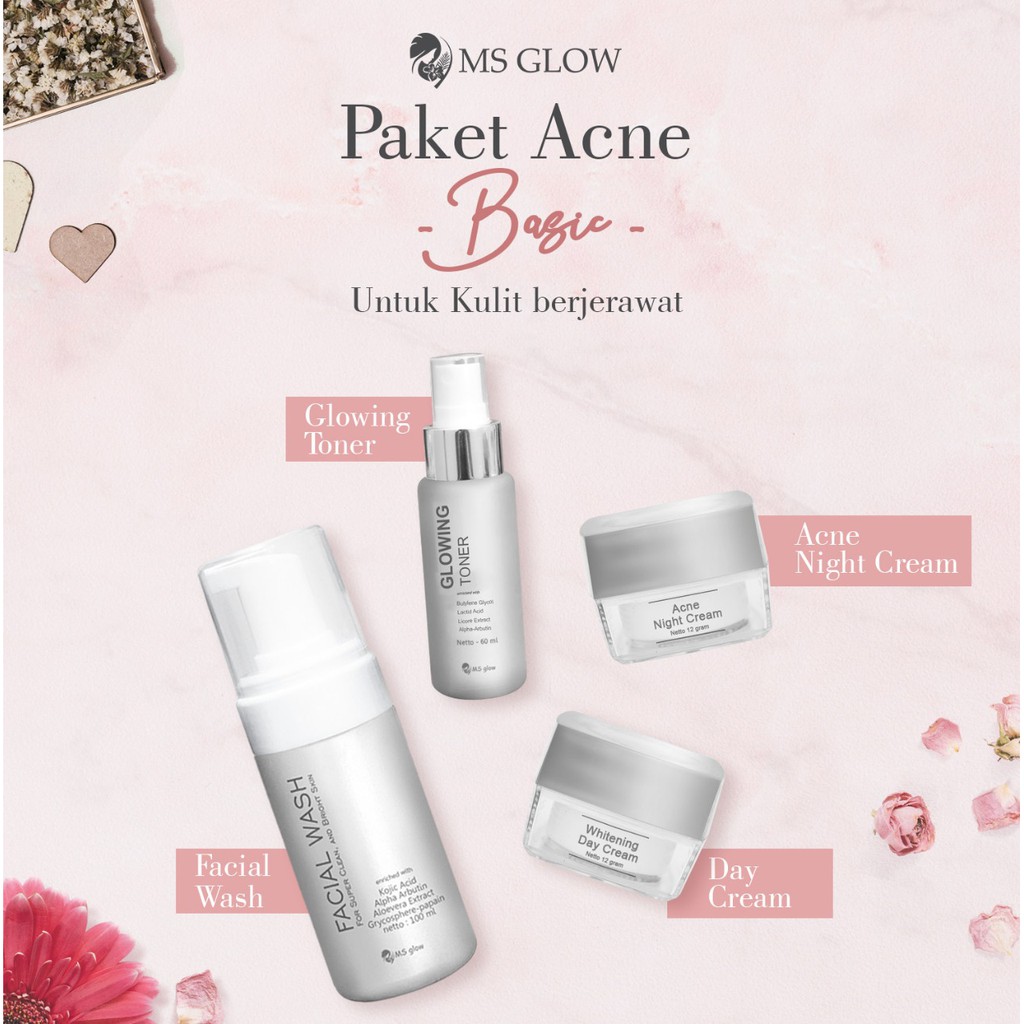 Ms Glow Paket Acne / Pemutih Wajah / Whitening Night Cream / Paket Krim Whitening / Pemutih Wajah